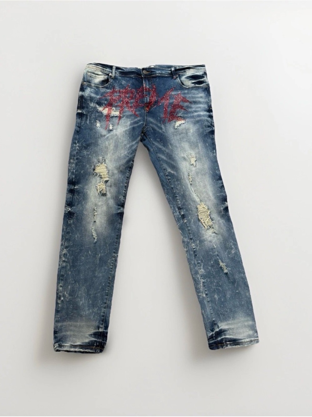 Preme Indigo Moto Skinny Stretch Denim Men's Embellished Jeans, SIZE 42W / 34L